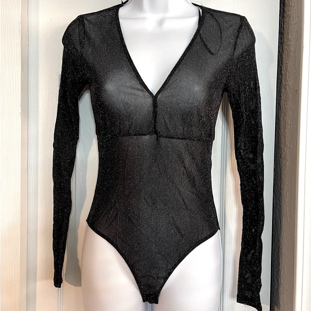 Forever 21 black mesh glittery bodysuit
